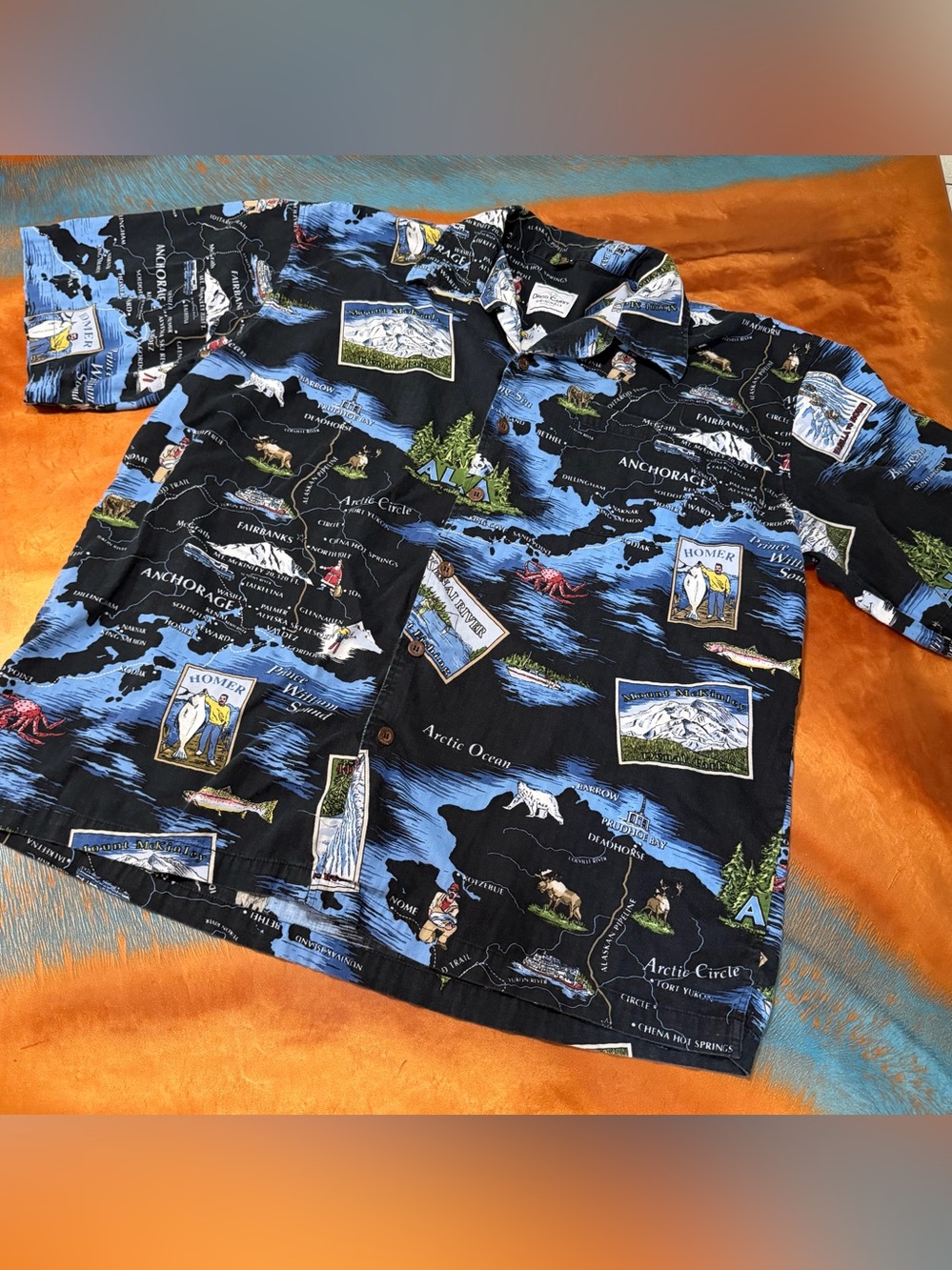 David Carey Alaskan Blue Hawaiian-Style Camp Shirt Alaska Map Print XL